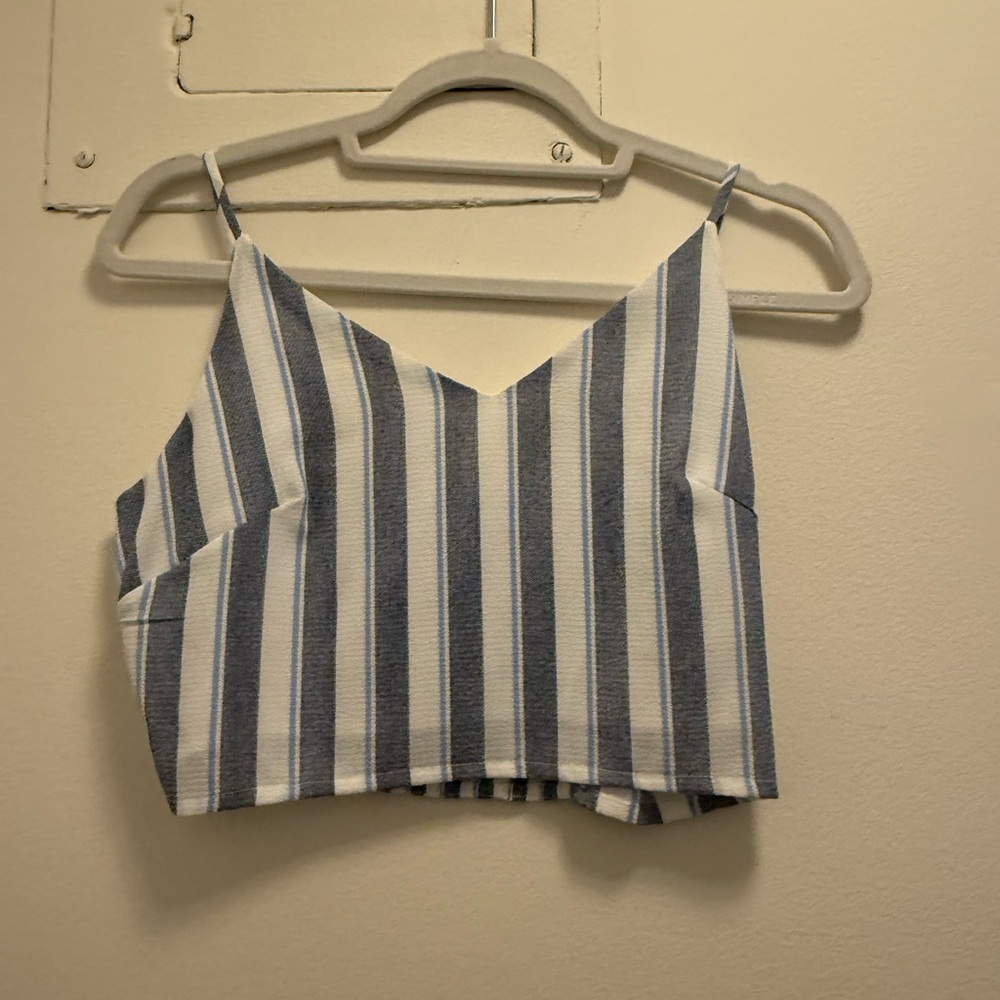 Aqua blue and white striped blouse.